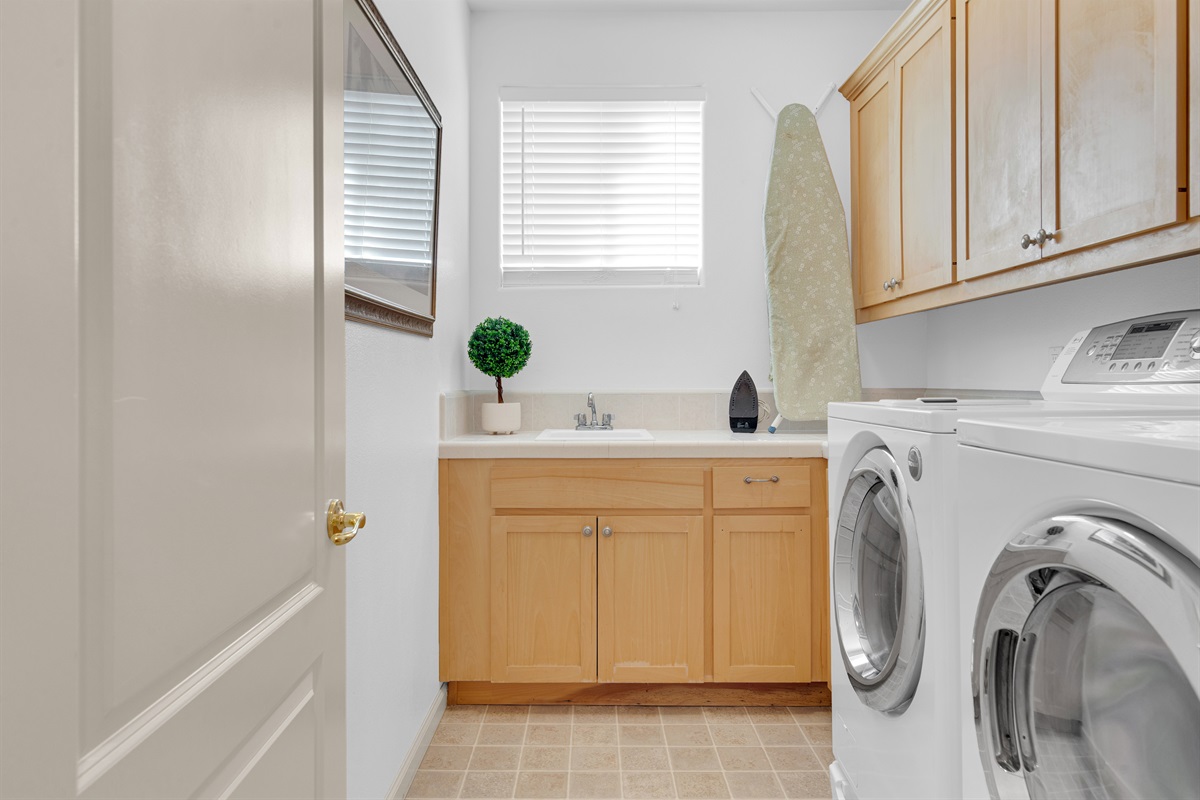 Updated washer and dryer for you to use. Laundry detergent, dryer sheets, stain remover, dryer balls and more are provided. Ironing board and iron are provided for your convenience.