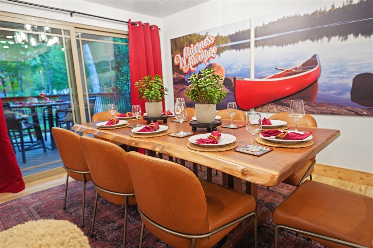 Enjoy dining on a live edge black walnut table and super comfy luxe dining chairs