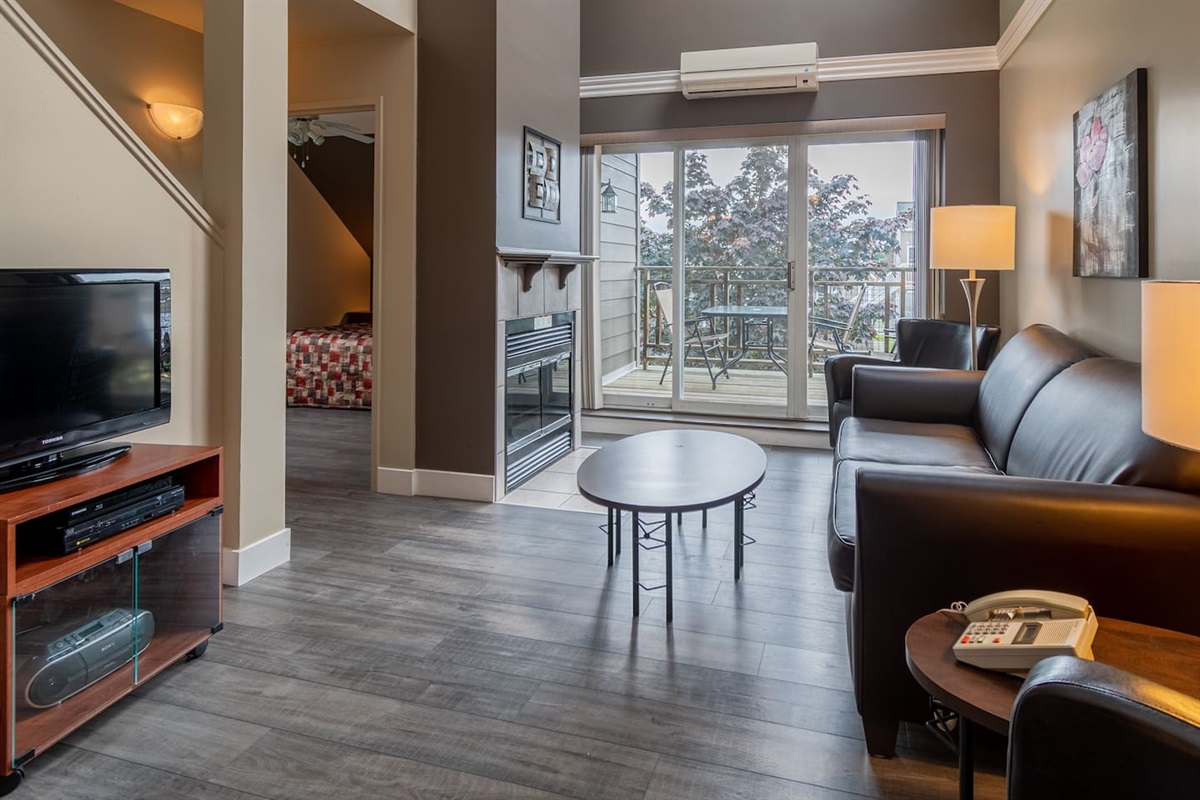 Vue du salon avec TV, foyer au bois et divan lit !