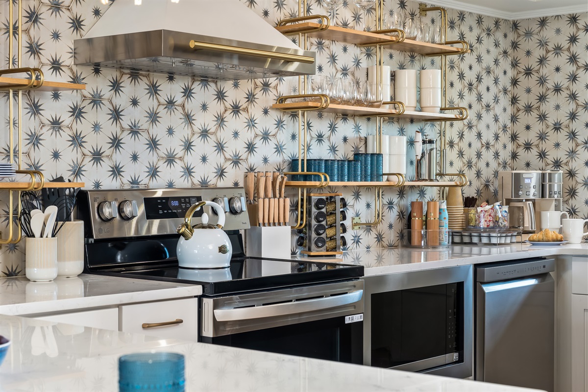 Modern stove and counter space.