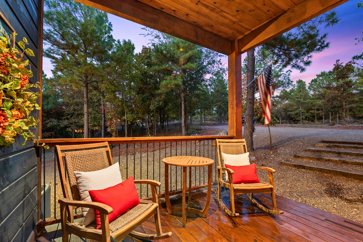 Kick back and soak in the serene mountain views from this relaxing spot on the deck’s rocking chairs.