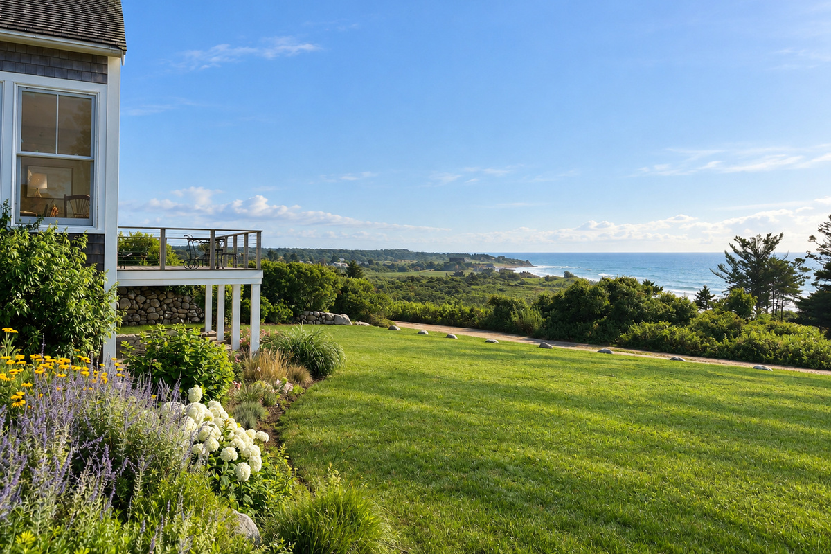 Gardens and lawn overlooking the water