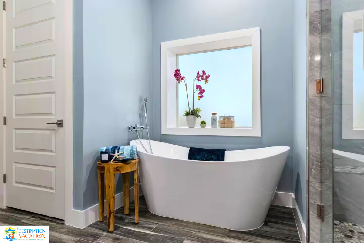 Soak away the day in an elegant freestanding tub.