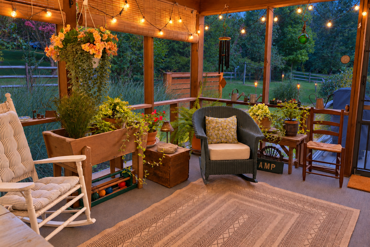 Screened porch in the evening.