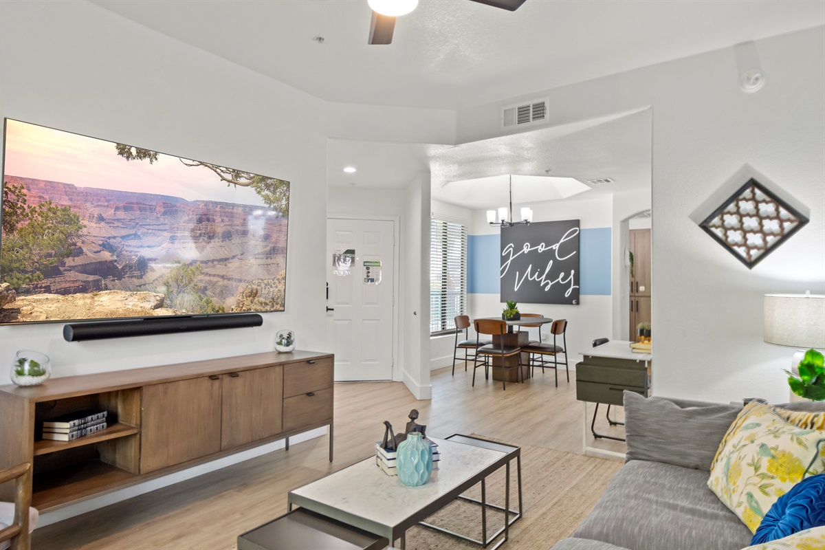 spacious living area with roku TV