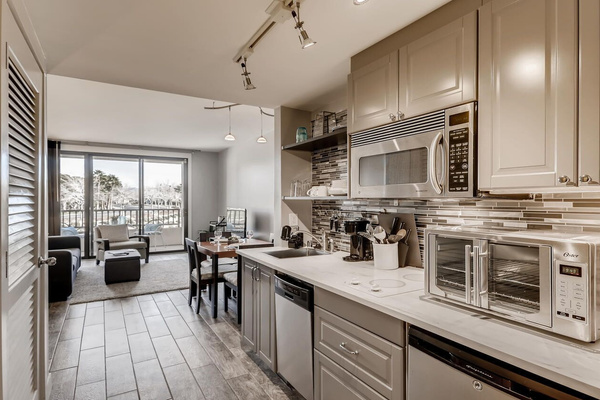 Dining area and kitchenette for easy meals during your stay.