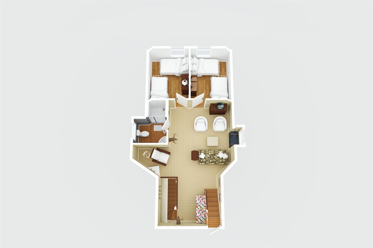 The Upstairs (2nd) Floor includes another Sitting Room, Bathroom, and two Bedrooms with two Twin Beds each.