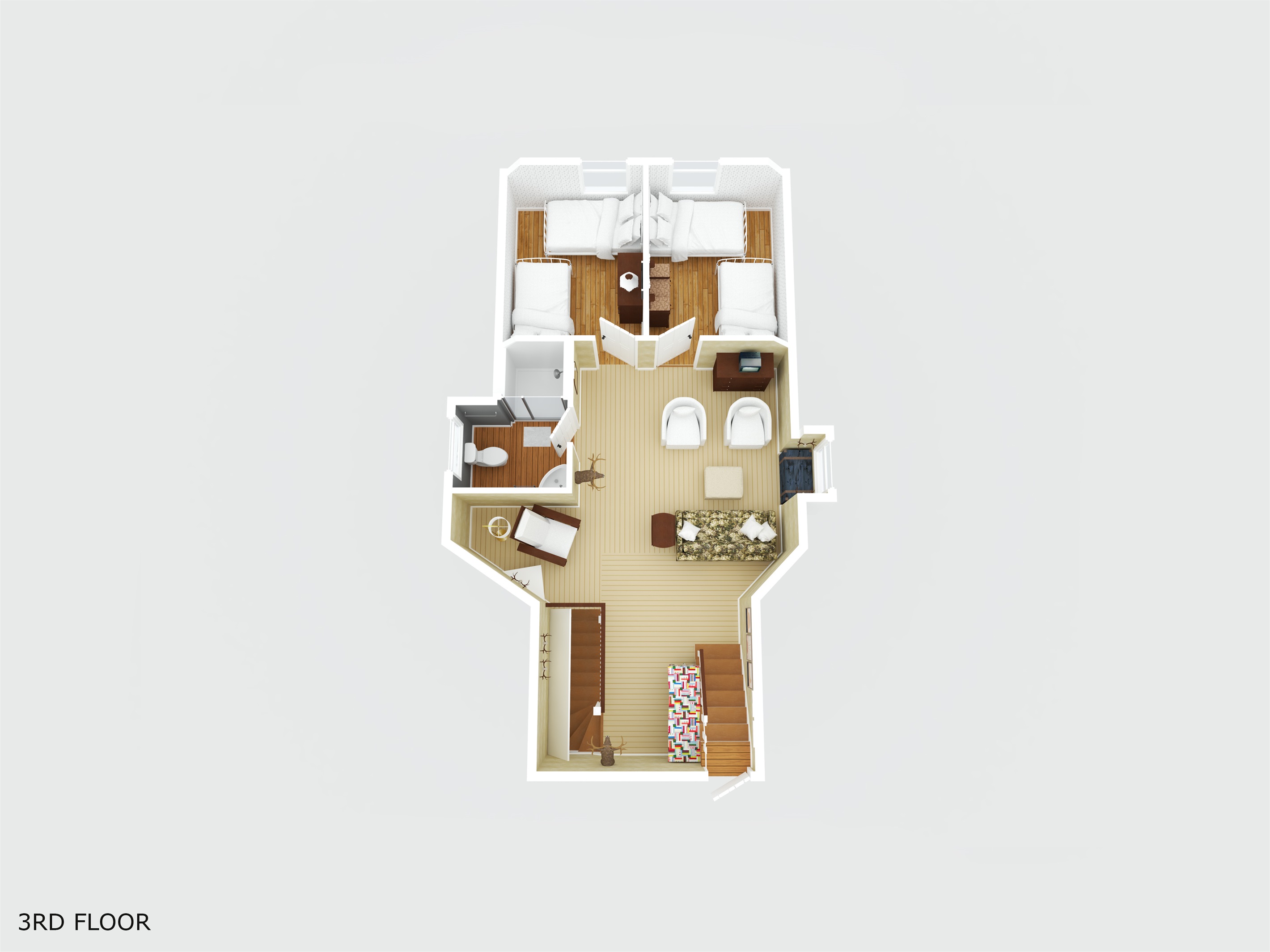 The Upstairs (2nd) Floor includes another Sitting Room, Bathroom, and two Bedrooms with two Twin Beds each.