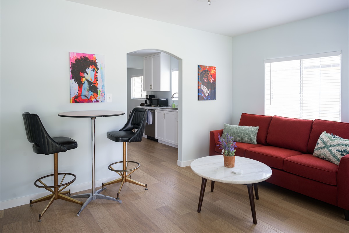 Living room leads into the kitchen so you can eat and watch a movie

