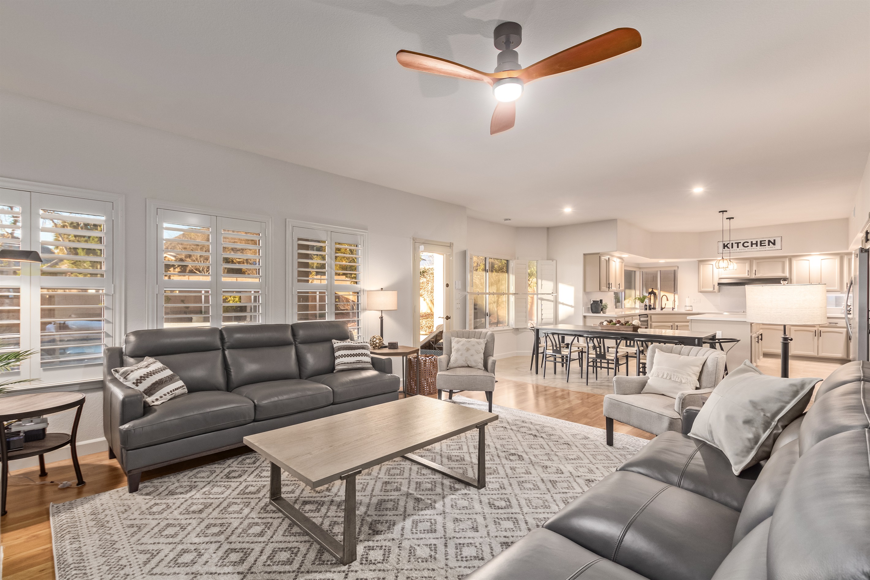 Bright and airy living space with stylish furniture and seamless flow to the kitchen! Great for family gatherings