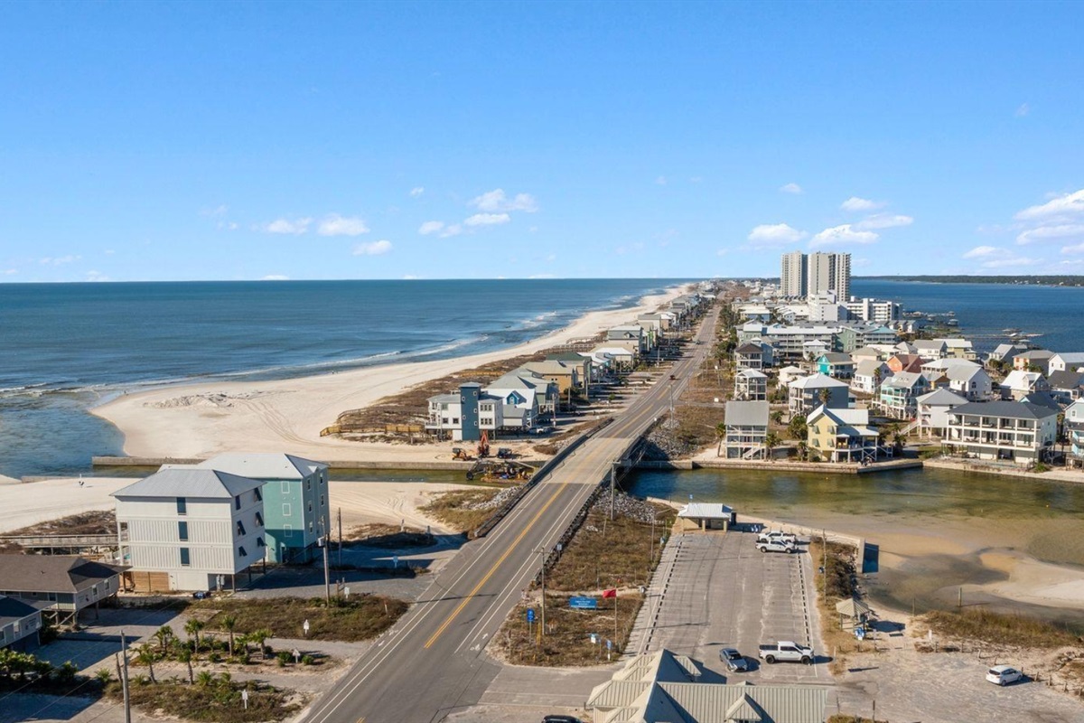 Aerial view of the area. Gulf on one side Lagoon on the other. 