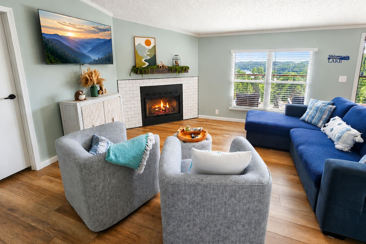 Settle in after a lake day with the fire glowing and plenty of room to relax together.