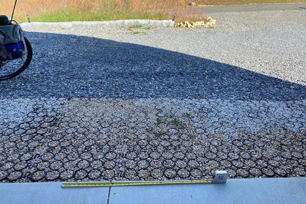 Detail looking out from “front” porch to gravel parking area.