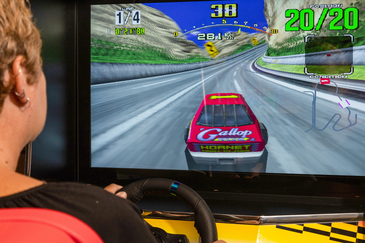The games room at Skye’s Beach House includes two linked Daytona racing machines, bringing a proper arcade-style racing setup to the stay.