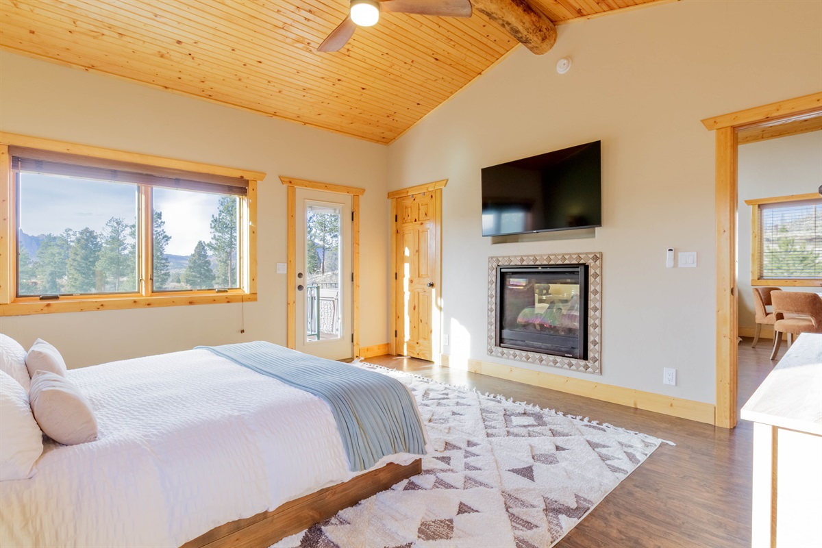 Unwind in luxury with our king size bed and transparent fireplace