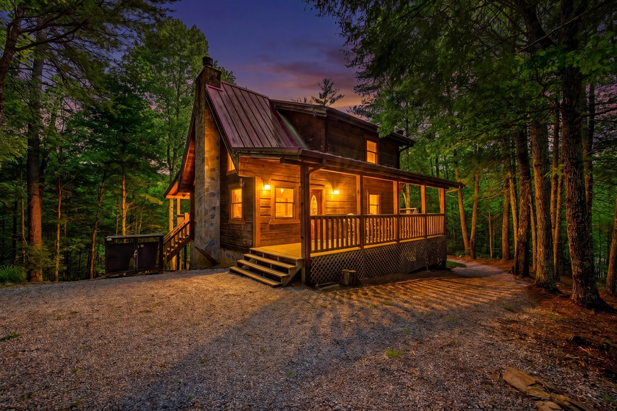 The cabin lights up beautifully as the day winds down
