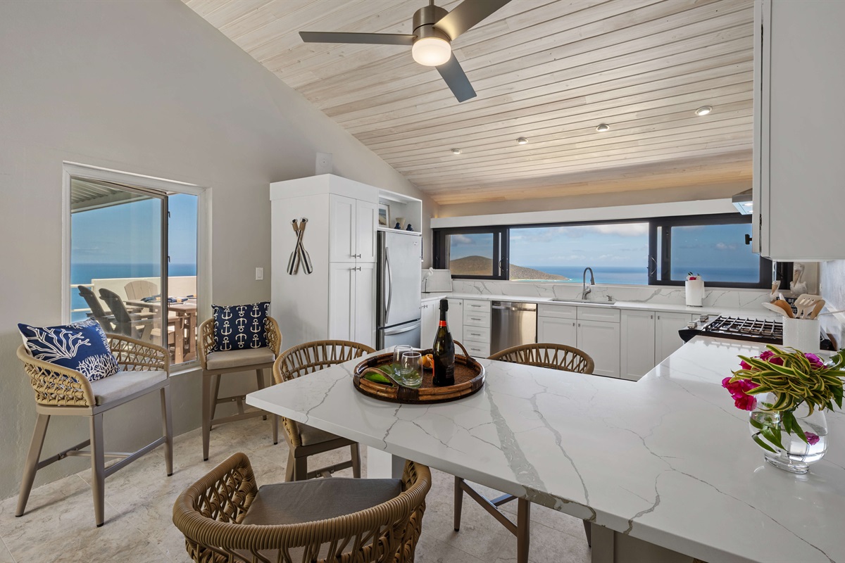 Gorgeous well stocked kitchen with a view of the ocean