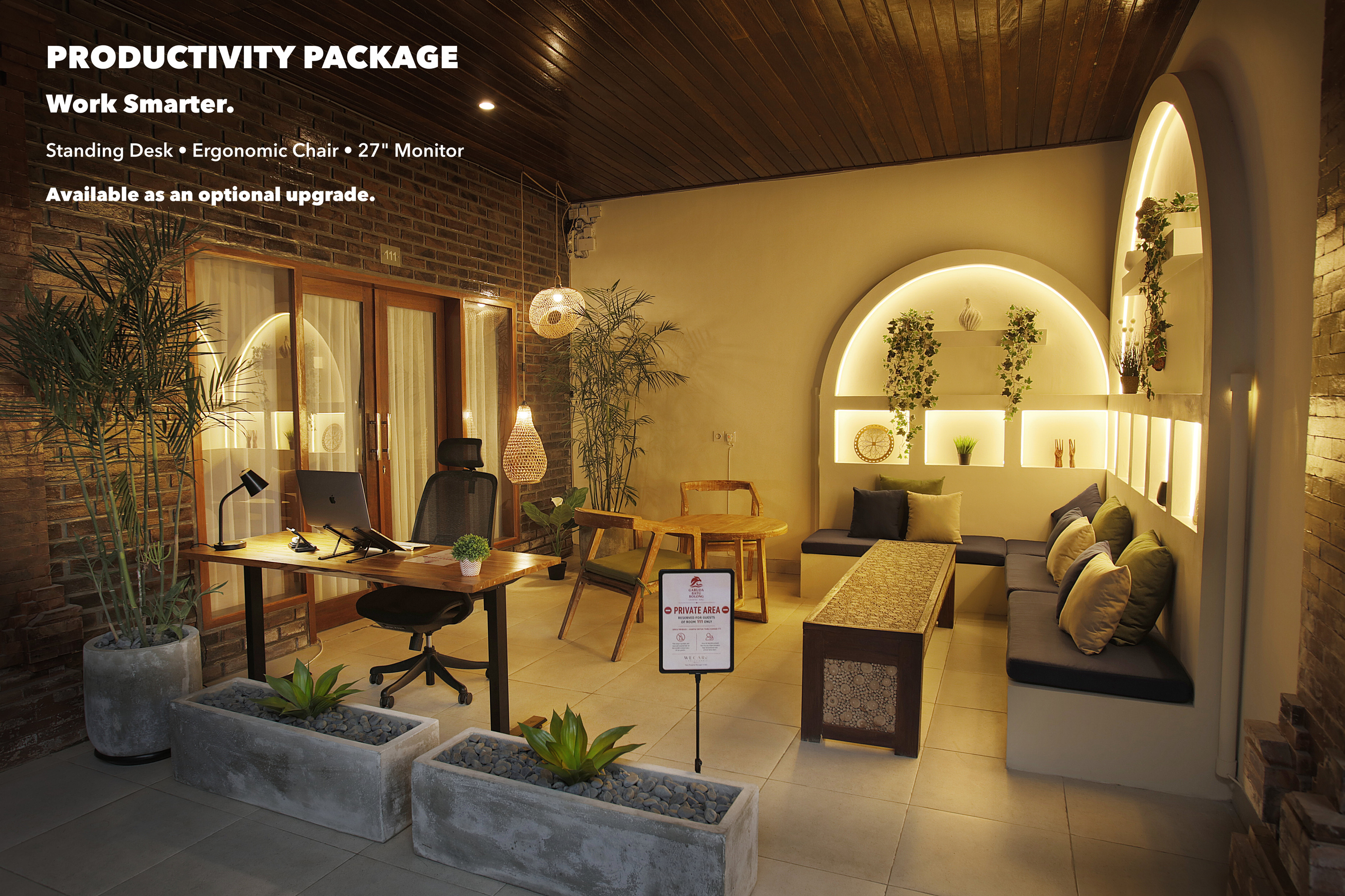 As evening falls, settle into your private outdoor space and enjoy the magical atmosphere right in front of the pool and garden. Production Package not included.
