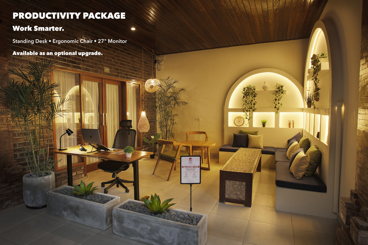 As evening falls, settle into your private outdoor space and enjoy the magical atmosphere right in front of the pool and garden. Production Package not included.