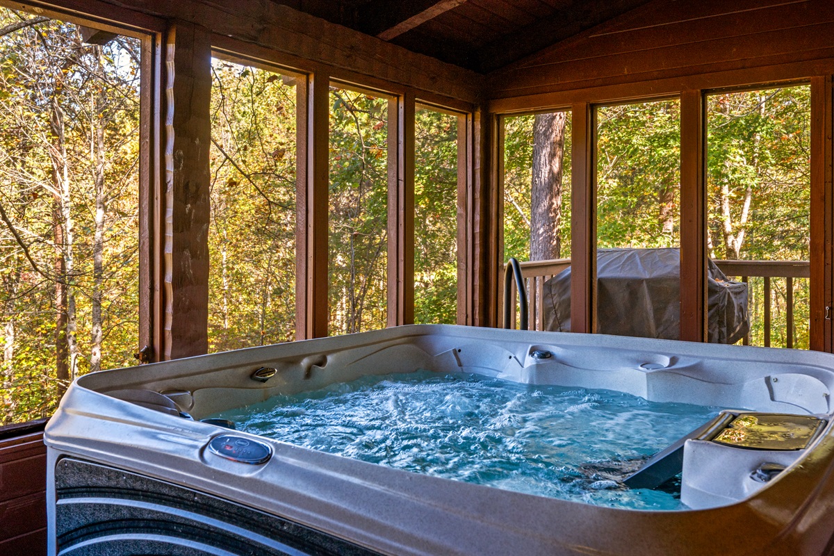 Covered, Private, Screened in hot tub!
