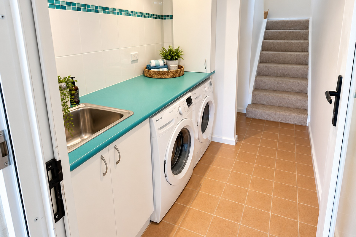 Enjoy the convenience of a private laundry complete with a washer, dryer and full-size sink. The spacious countertop provides plenty of room for sorting and folding clothes.