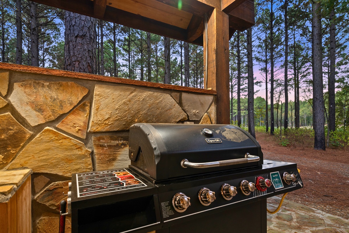 Gas grill ready for cookouts on the covered deck.