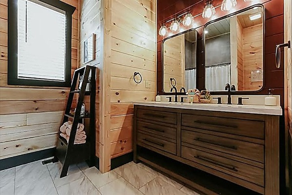 A spacious bathroom with a double vanity—perfect for unwinding after a long day of exploring