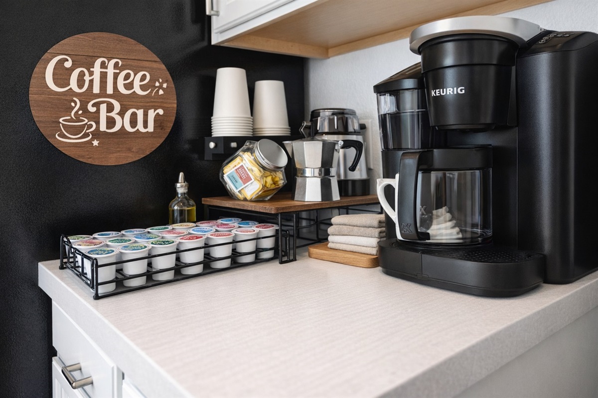 ☕✨ FREE COFFEE! Fuel your day at our fully stocked coffee bar – Keurig, espresso, full pot, decaf, tea, sweeteners, cups & lids all ready to go! 🌟