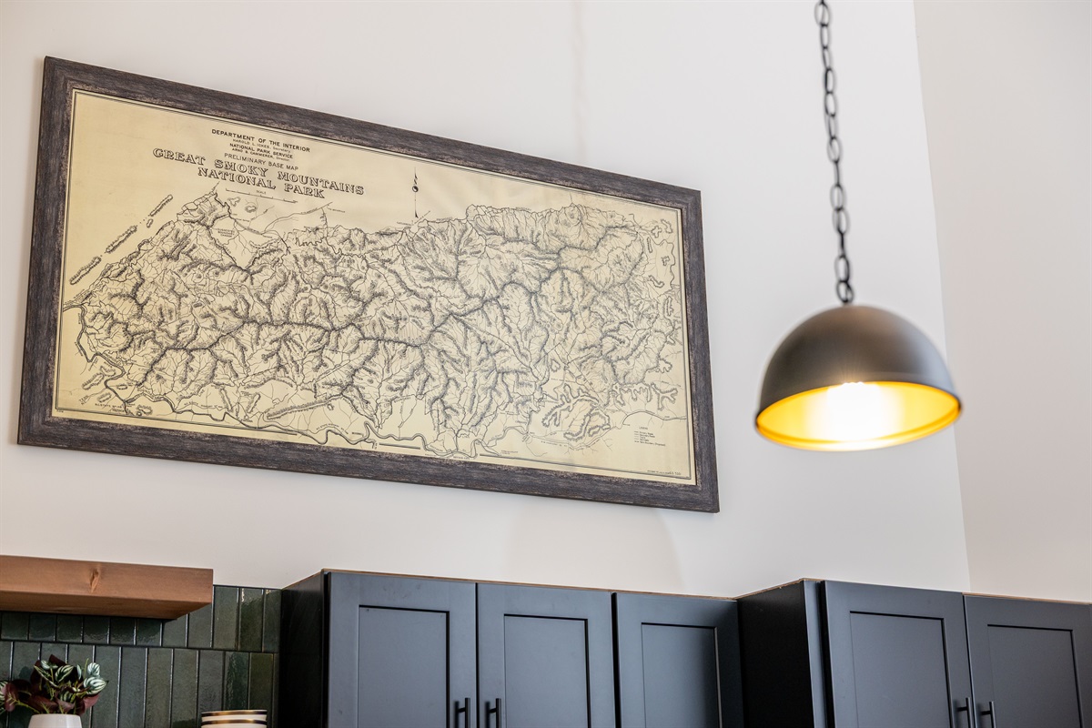 Smoky Mountain map art with warm lighting