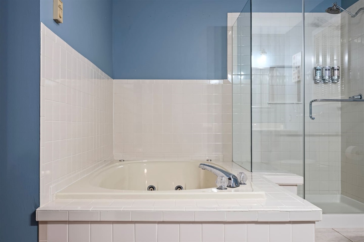 Hall bathroom with glass shower and oversized tub.  Note - the jets are not functional.