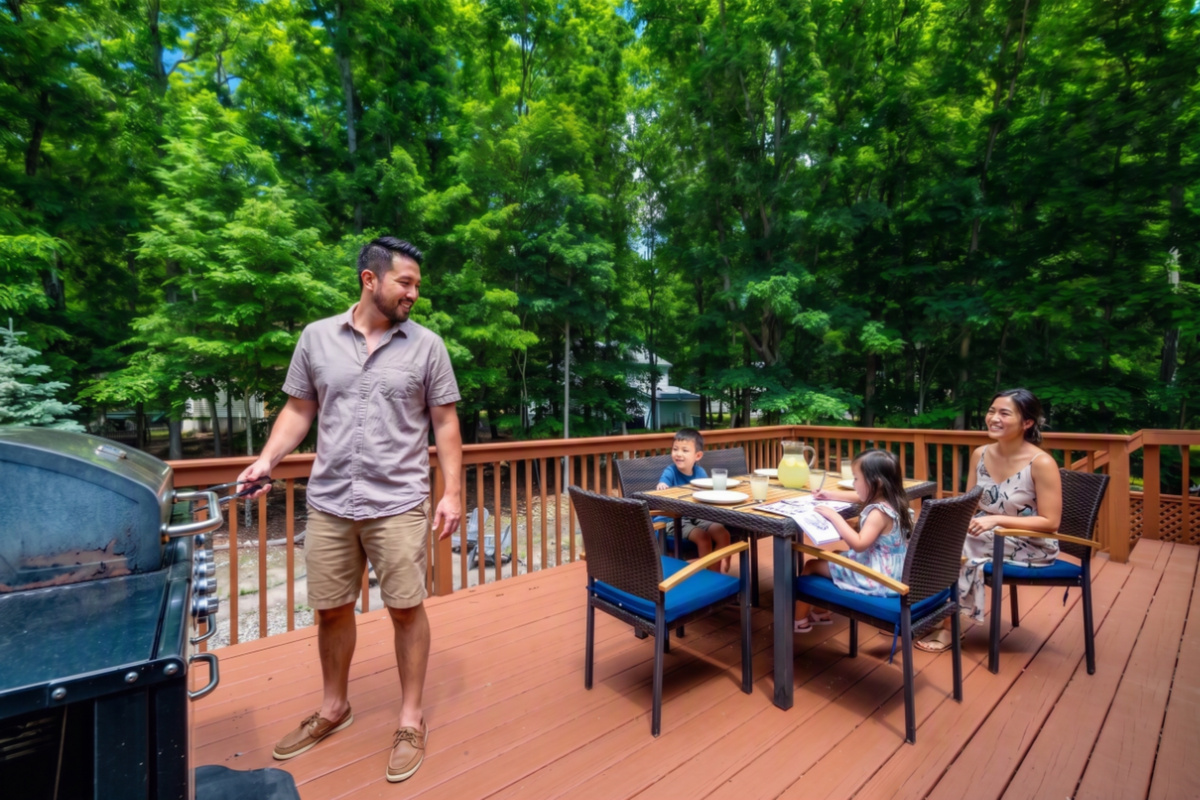 Grill and eat with a view overlooking firepit and deer