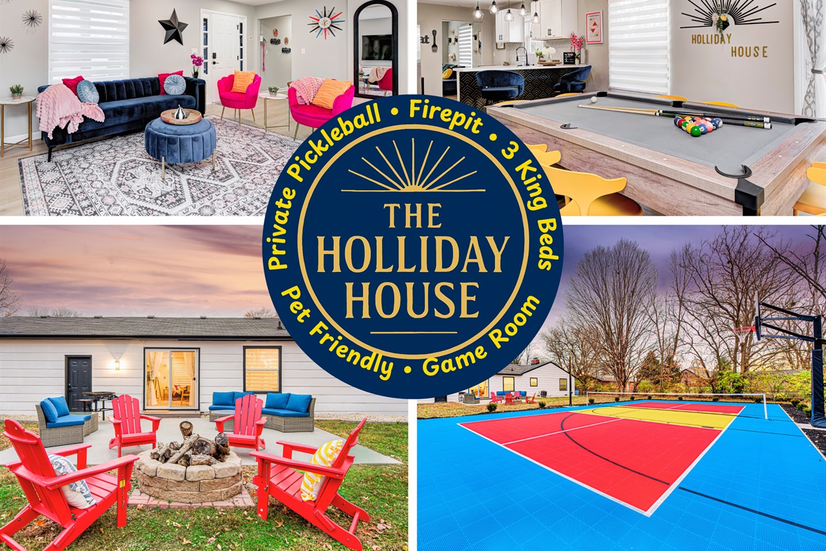 Welcome to The Holliday House — your Indy retreat with a private pickleball court, stylish living spaces, 3 king beds, and family-friendly fun throughout.