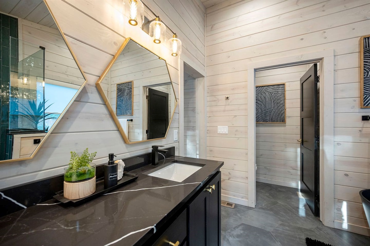 Master bathroom comes with a double vanity.  Check out those honeycomb mirrors!