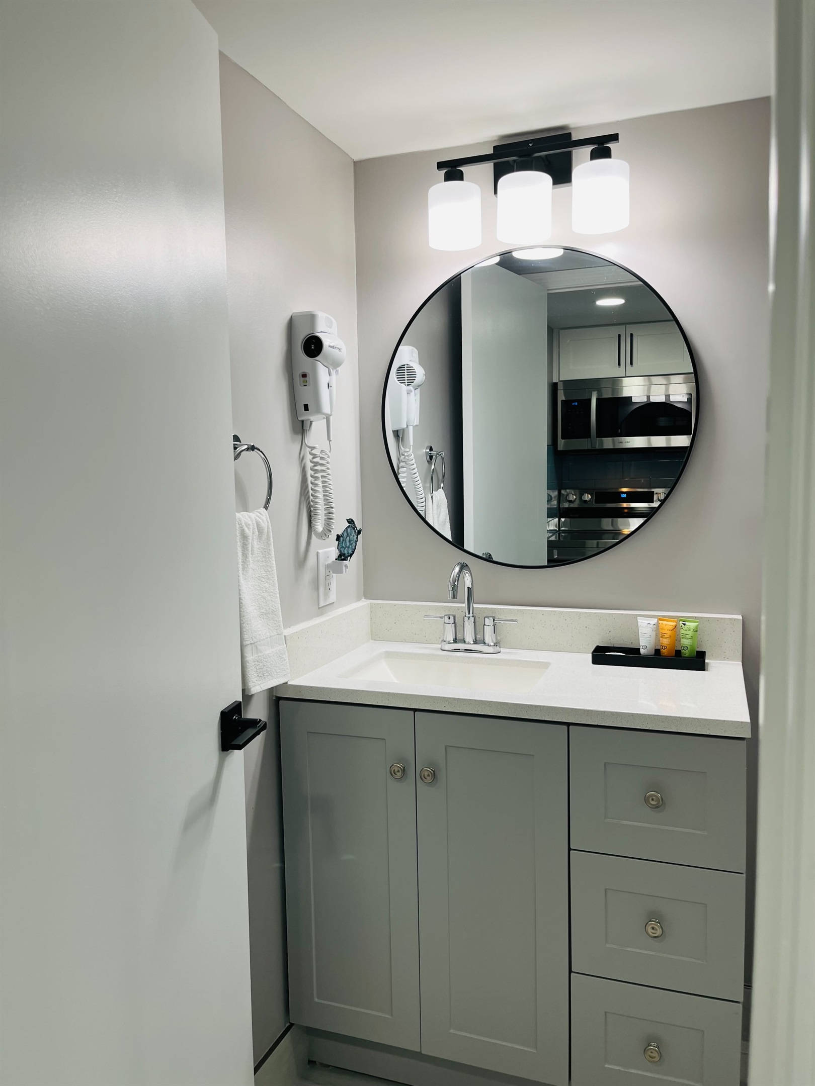 Start your day right with a full bathroom equipped for all your prepping needs.