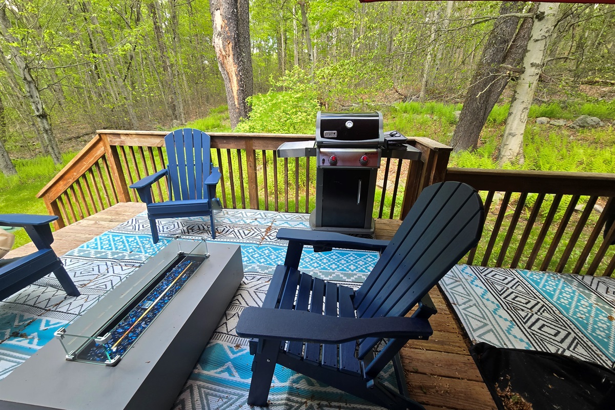 Rear deck with BBQ, propane fireplace and seating