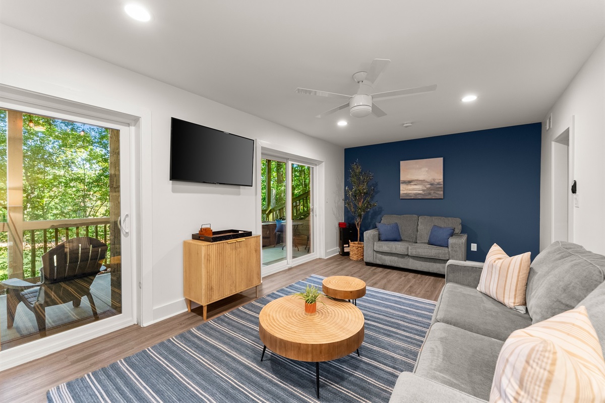 Downstairs living room with pullout queen mattress