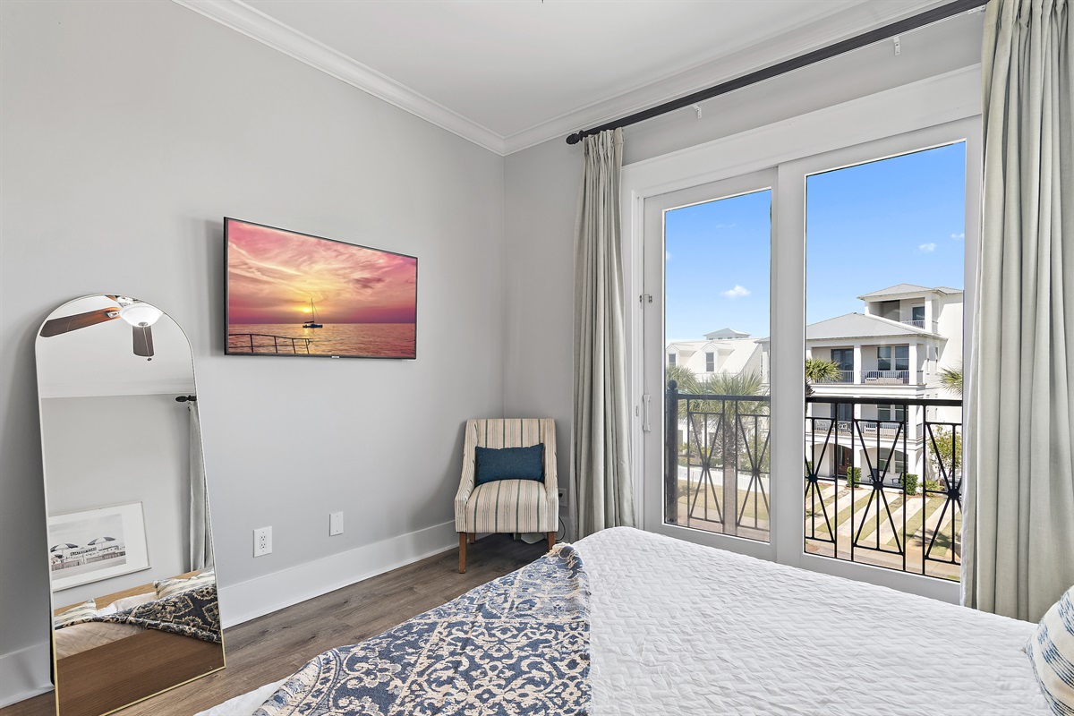 Frangista Sunset's 3rd Floor - Bedroom 2: KING bed, bathroom with shower/tub combo, balcony overlooking Frangista Beach Neighborhood, Smart TV (Sleeps 2)