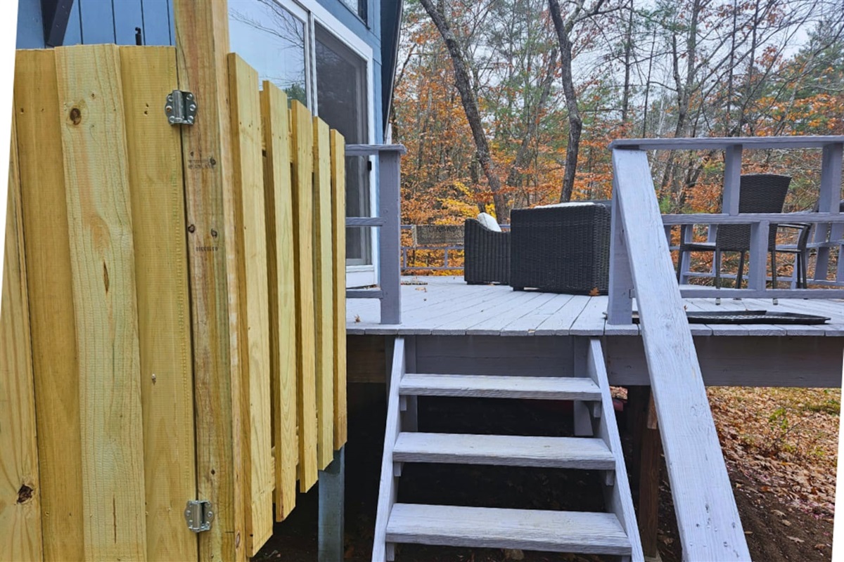 Wash off in the outdoor shower before heading back inside from the lake! 
