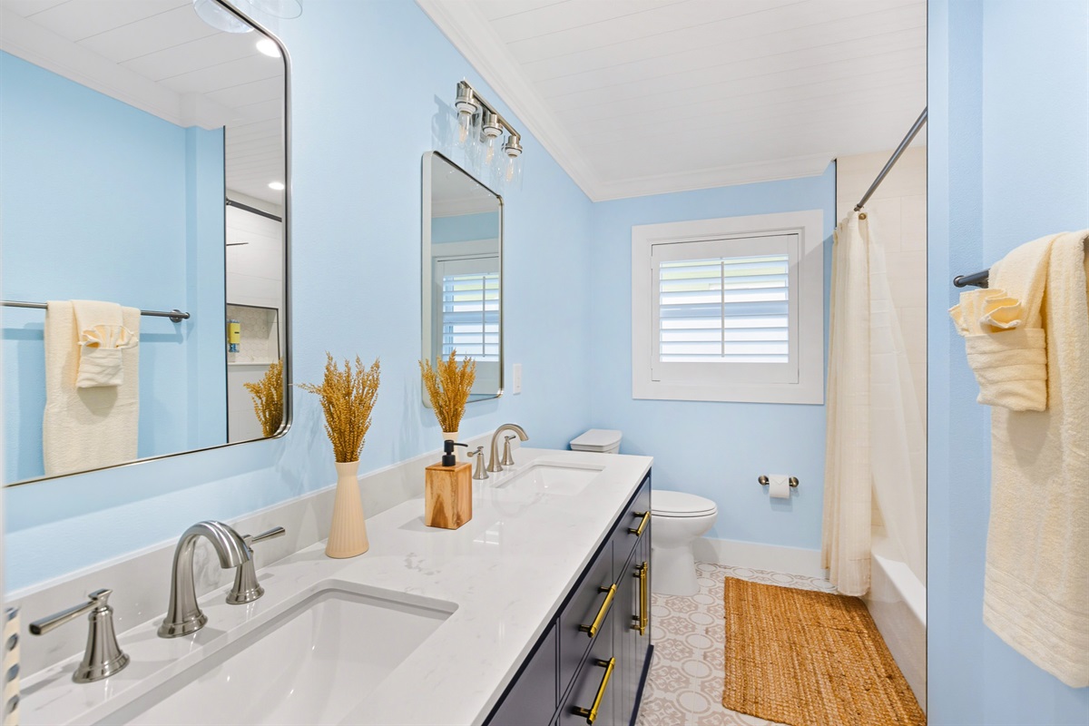 Bathroom 2 is adjacent to Bedroom 2 and the Bunk Room and is shared by both.