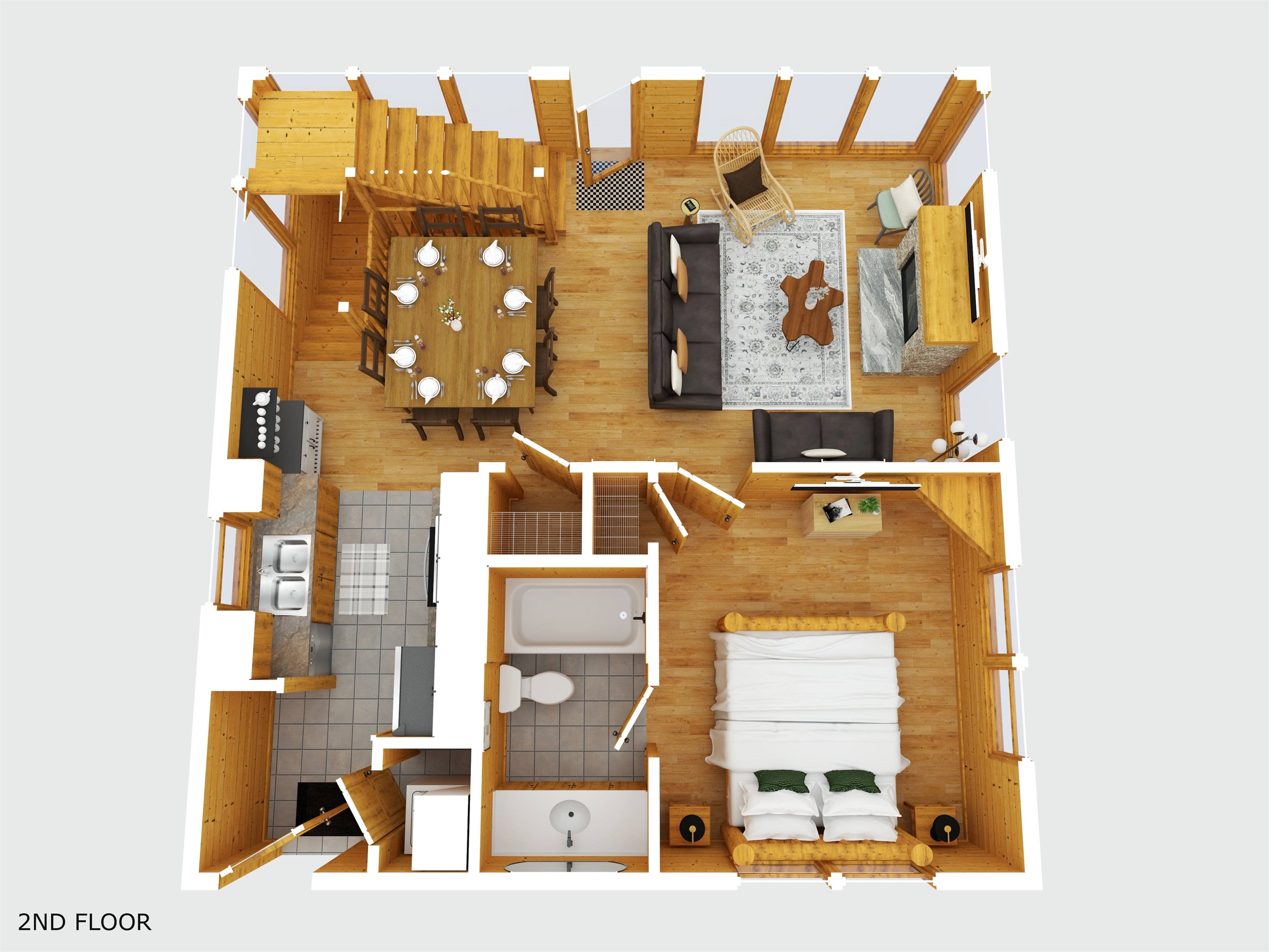 Main-Floor Kitchen, Dining, Living Room, & Bedroom with ensuite bathroom