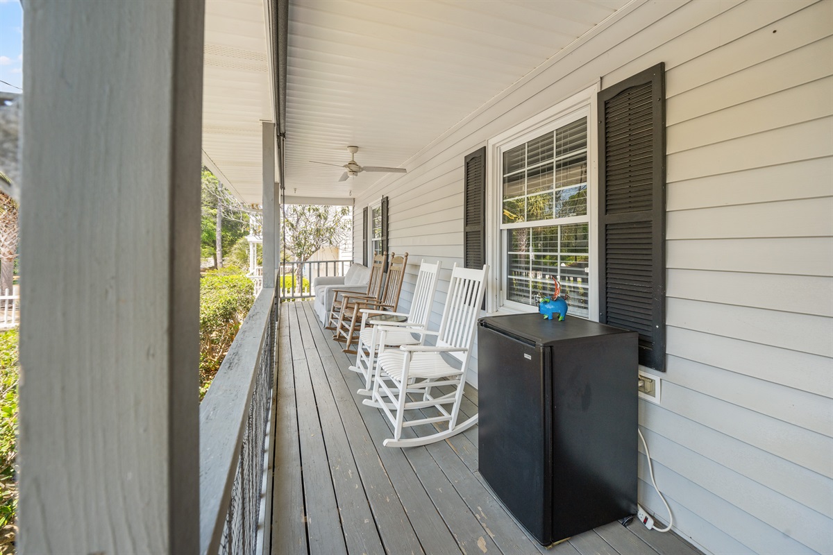 Front porch rockers and mini-fridge