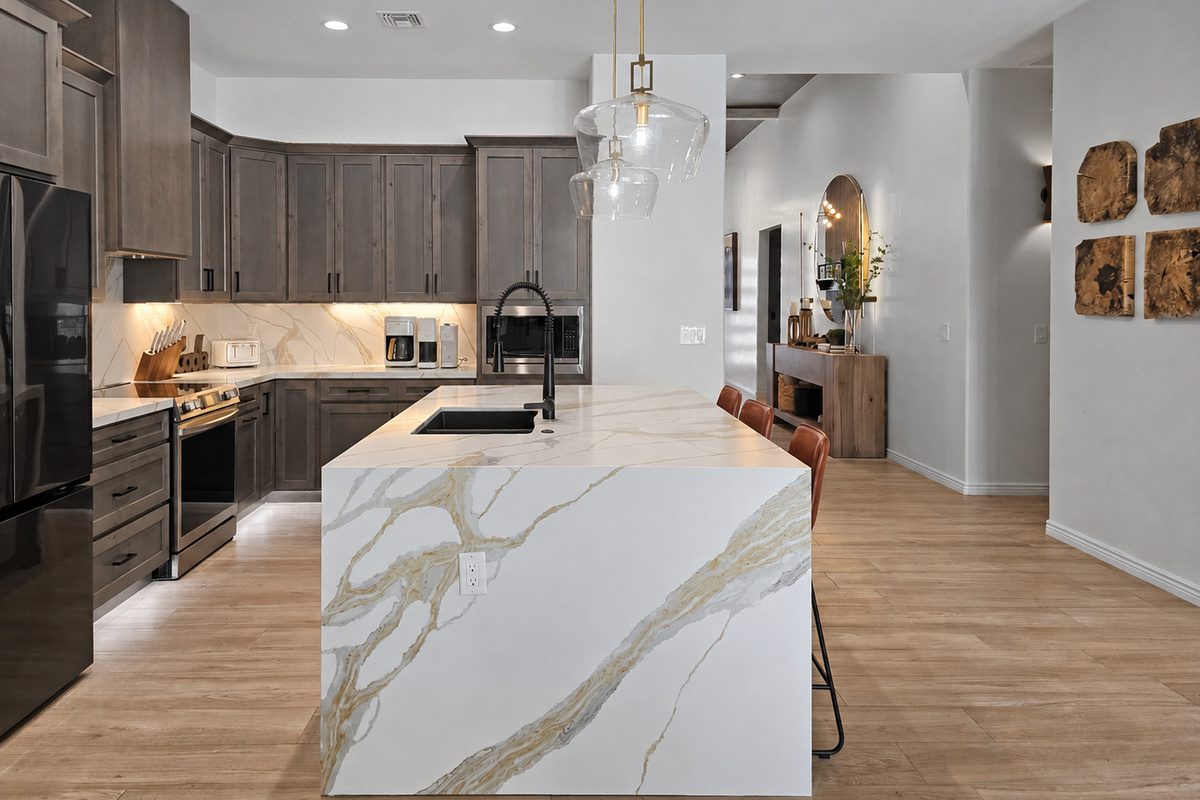 Modern and stylish kitchen with island.