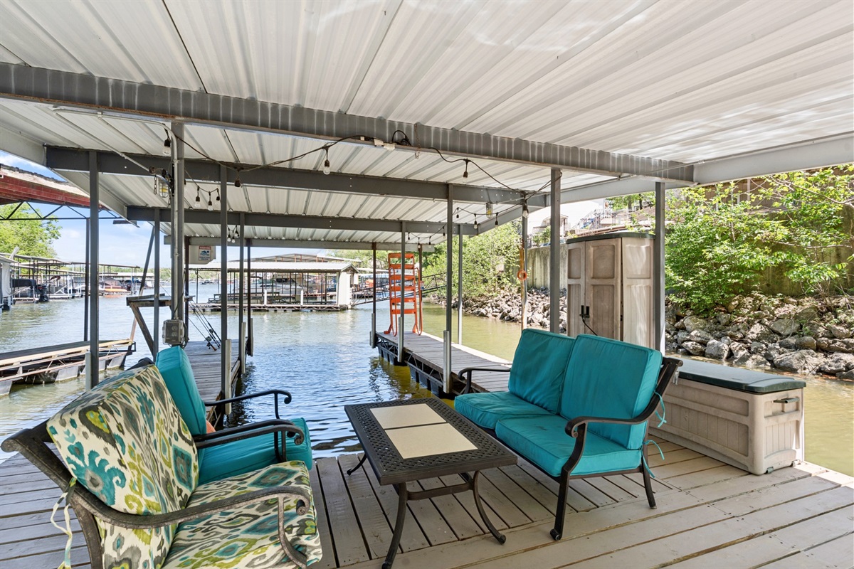 Covered outdoor seating made for long conversations and lake views.