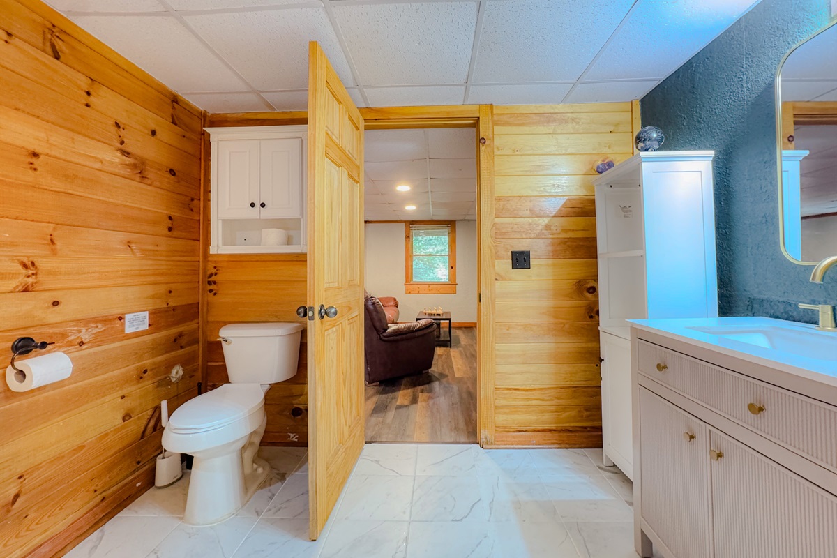 Lower level bathroom just off the lower level game room area