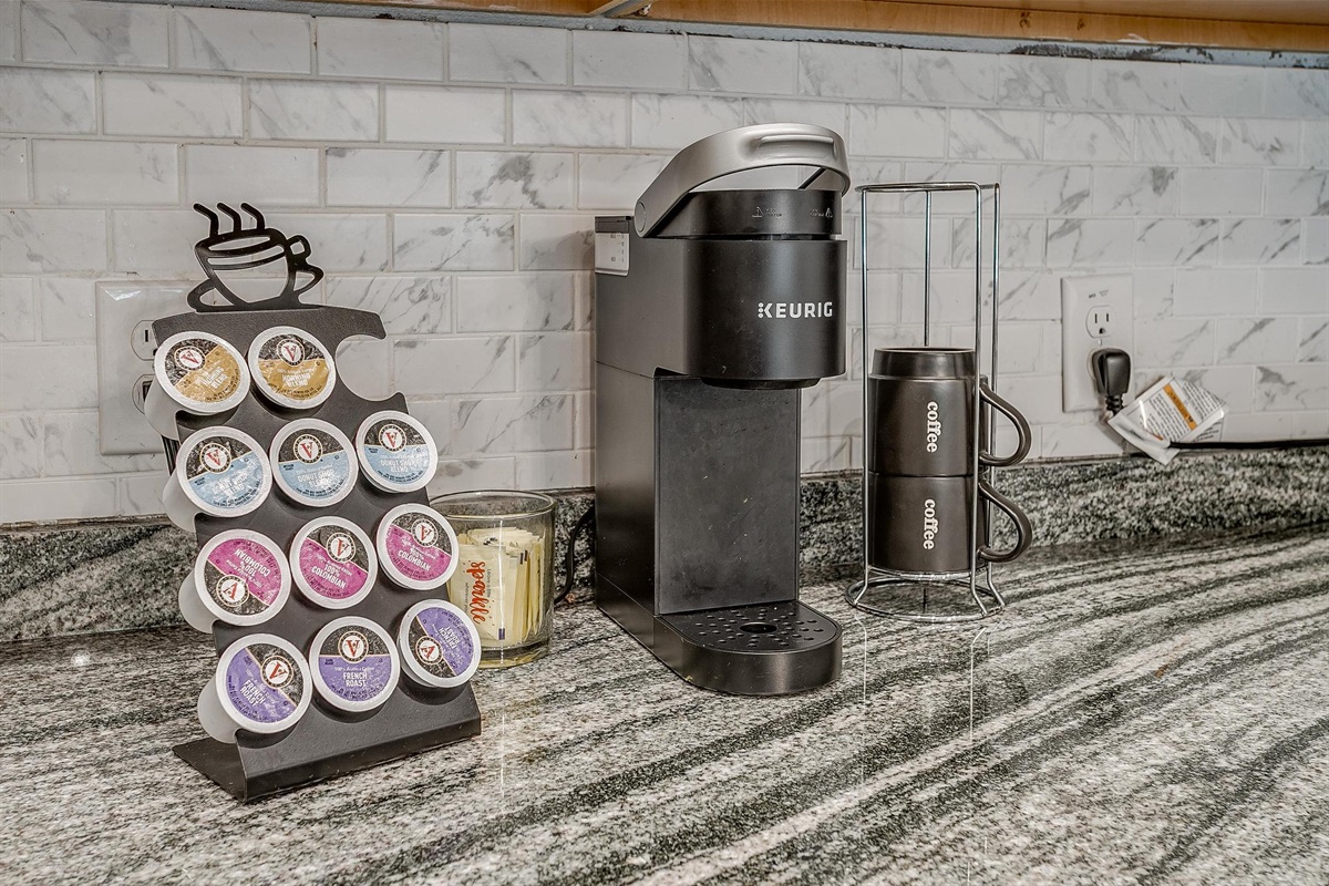 Keurig coffee bar with a full pod selection to start your mornings right.