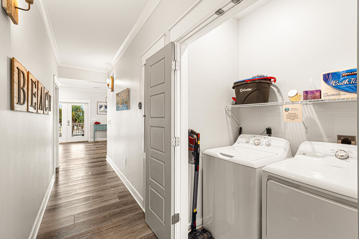 Main floor laundry with full size washer and dryer, but who cares. Nobody wants to do laundry on vacation. If thats you, but you need it done we can assist.