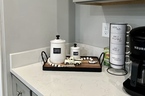 Fully stocked coffee bar with K-kups and ground coffee