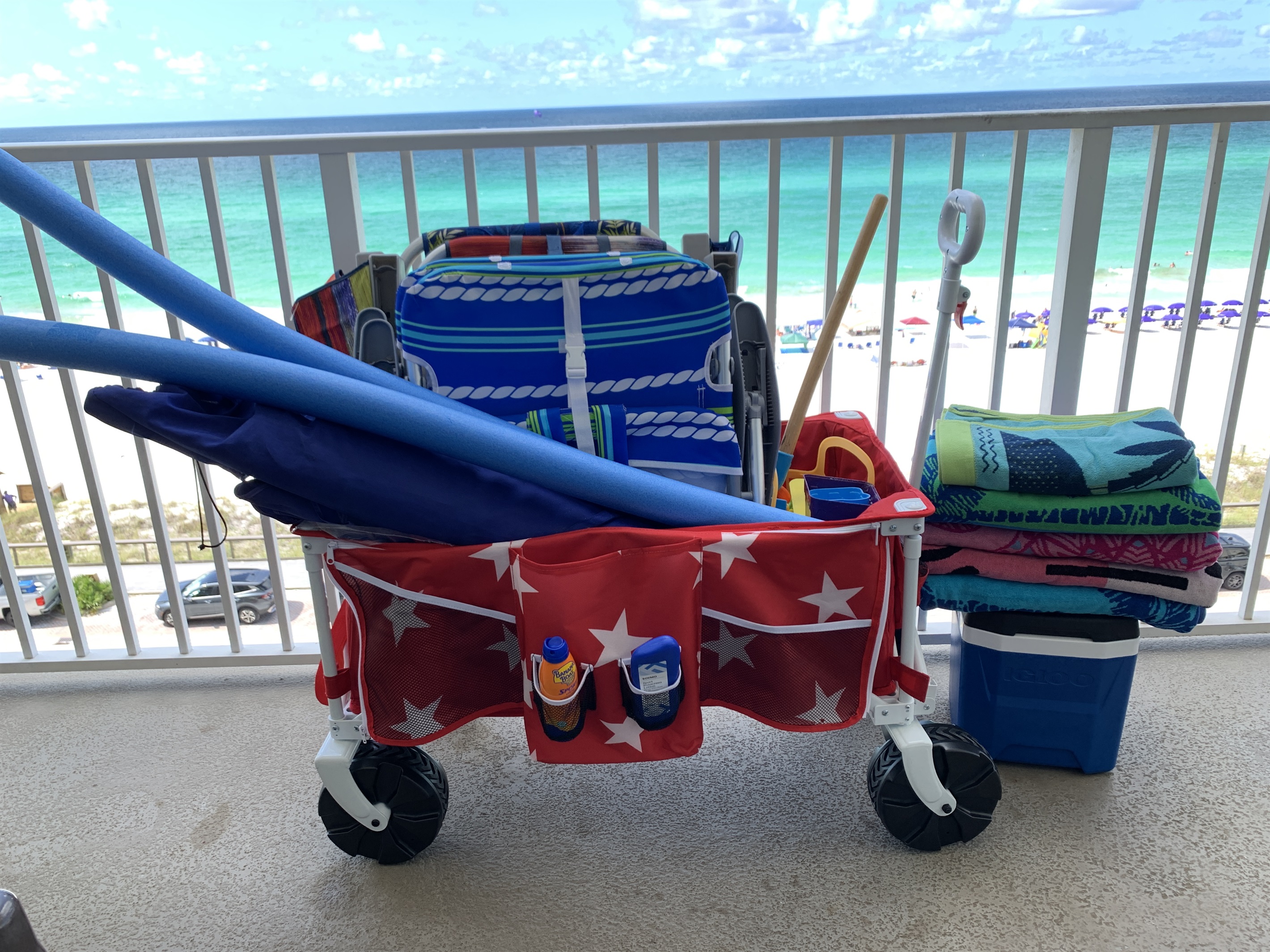 I provide high quality beach gear for your group including backpack chairs, an umbrella, noodles, boogie boards, a smaller cooler, beach towels, and beach toys + a wagon to carry it all!