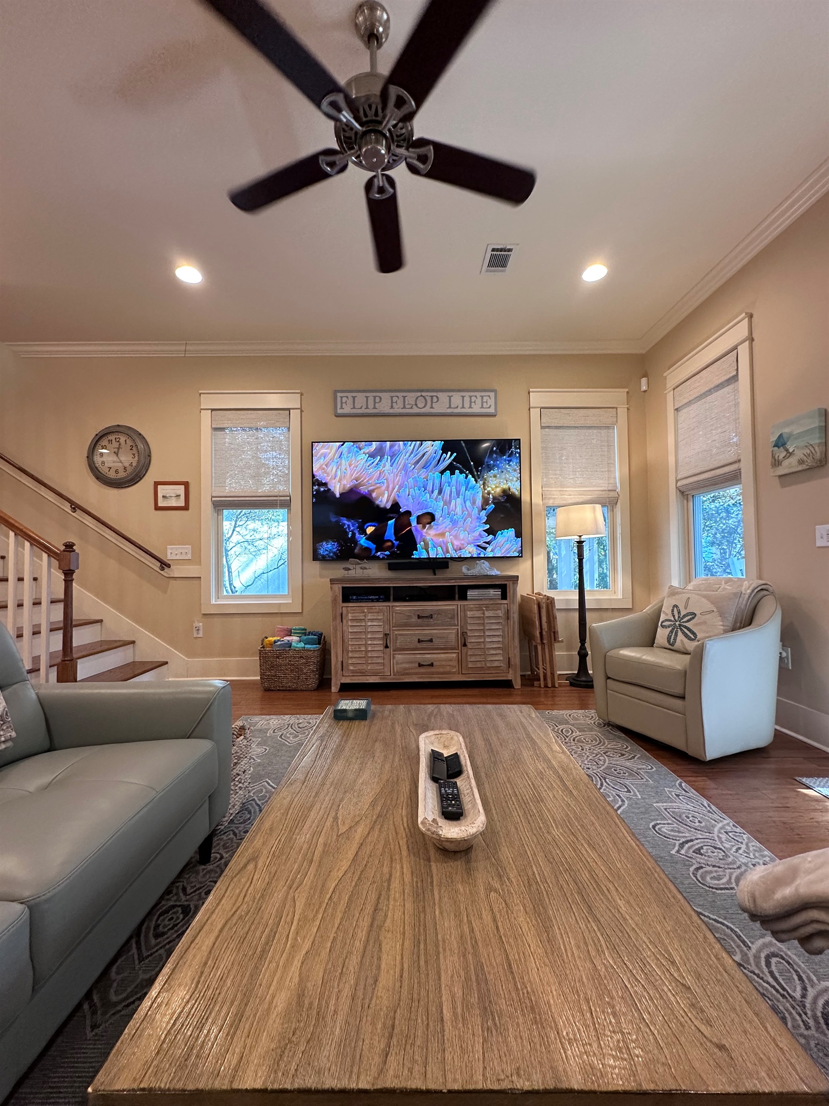 85 inch 4K UHD TV in Living Room; Bose soundbar.  Perfect for family and friends to gather for a night of TV, games, or relaxation.  (Games and small collection of DVD's/movies are provided in the cabinet under the living room tv.)  