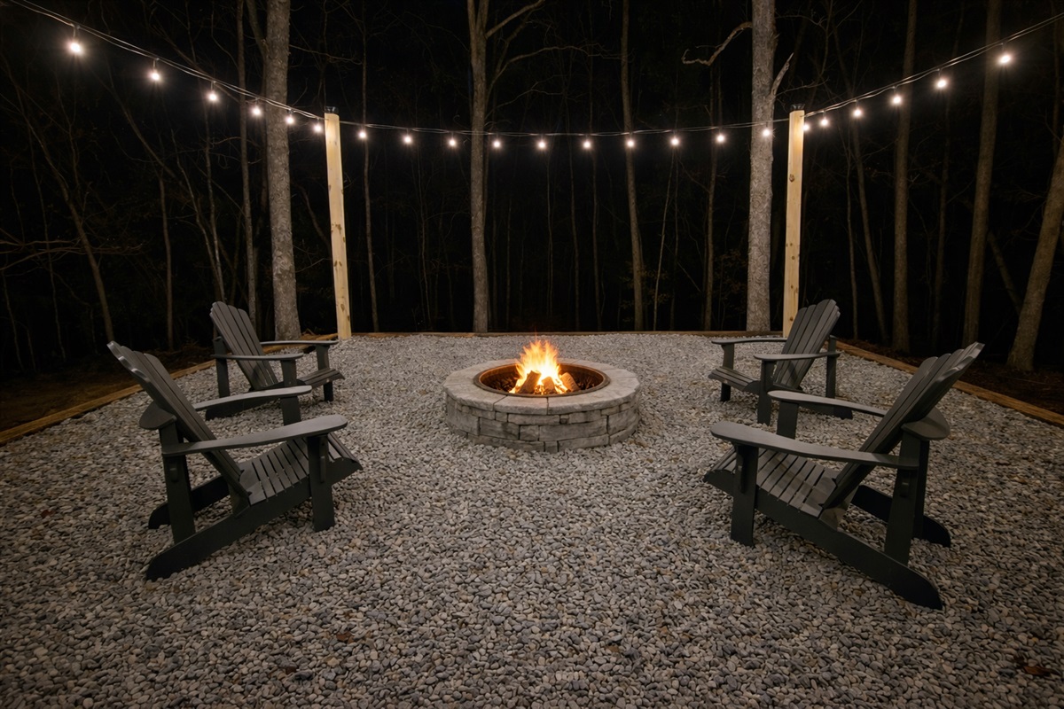 Gather around the glowing fire pit beneath soft string lights and starry skies—an intimate spot for romantic conversations, s’mores, and cozy nights together
